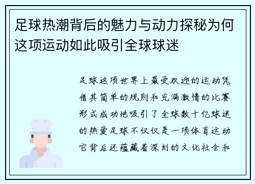 足球热潮背后的魅力与动力探秘为何这项运动如此吸引全球球迷