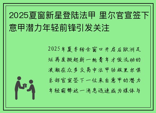 2025夏窗新星登陆法甲 里尔官宣签下意甲潜力年轻前锋引发关注 2025夏窗新星登陆法甲 里尔官宣签下意甲潜力年轻前锋引发关注