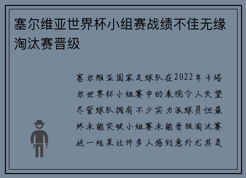 塞尔维亚世界杯小组赛战绩不佳无缘淘汰赛晋级